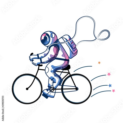 Funny astronaut riding bike in space. Man in spacesuit exercising on bicycle. Space exploration fun entertainment vector illustration. Cosmonaut in universe, stars and planets