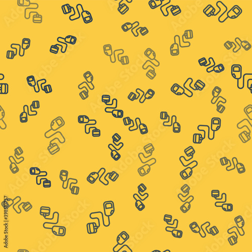 Blue line Retractable cord leash with carabiner icon isolated seamless pattern on yellow background. Pet dog lead. Animal accessory for outdoors walk.  Vector.