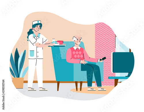 Doctor care elderly man in nursing home. Female nurse brought food for male senior watching tv. House for gerontology assistance for happy retired. Vector illustration