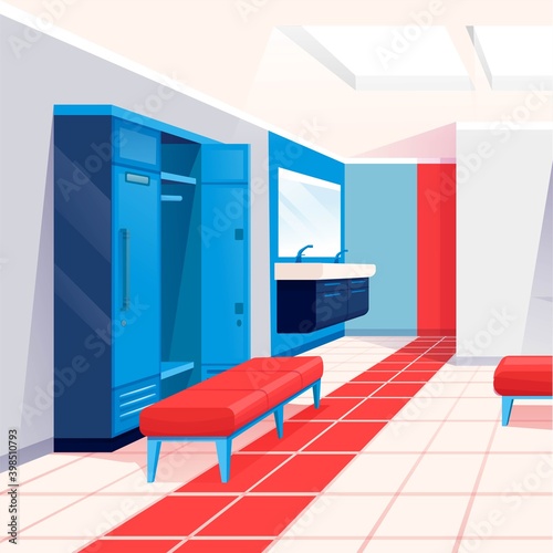 Modern locker room interior design background. Room for changing clothes for fitness and sport exercise in gym vector illustration. Private place with lockers, benches, sinks, mirror, bags
