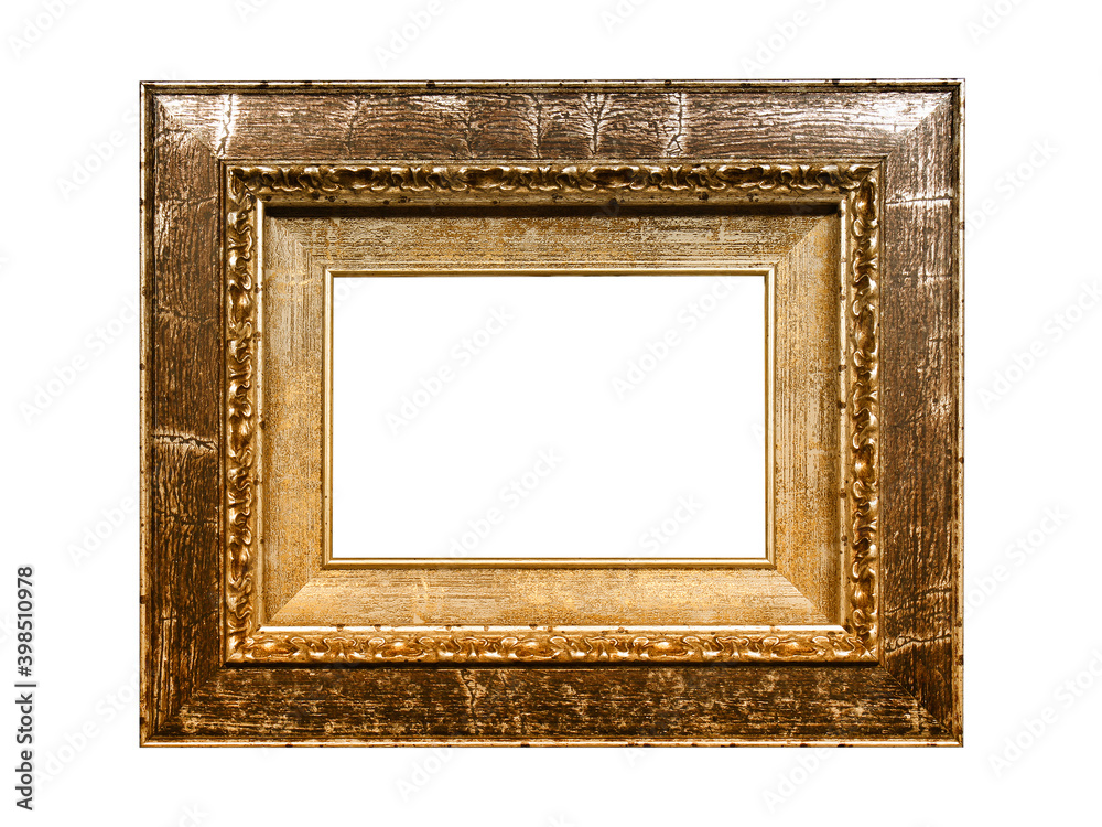 Wooden frame for paintings with gold patina. Isolated on white Wooden frame for paintings with gold patina. Isolated on white