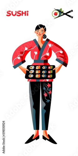 Waitress in Japanese sushi restaurant. Young woman welcoming customers in cafe with tray full of rolls set. Asian traditional cuisine vector illustration. Text icon and poster