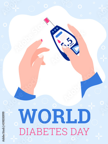 Banner of world diabetes day with human hands taking glucose blood test with glucometer, cartoon vector illustration. Diabetes or sugar disease treatment and prevention.