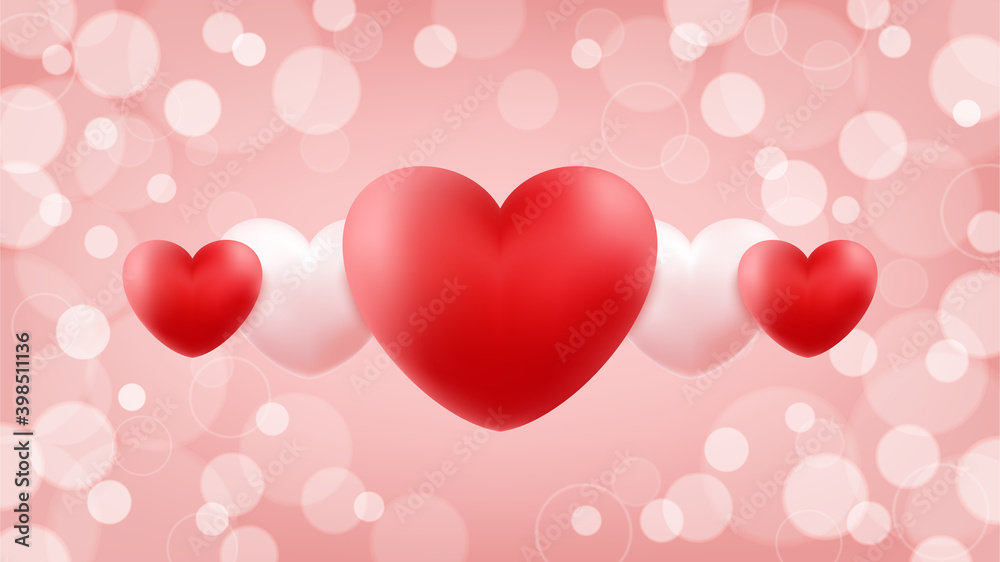 Romantic banner with red and pink hearts on pink bokeh background for wedding or Valentines Day holiday greetings and invitations. Vector illustration.