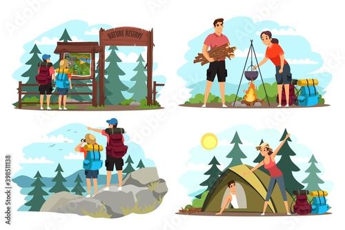 Couple camping illustration set. Man and woman traveling in mountains and forest with backpacks. Tourist outdoor scenes vector. Looking at map, climbing, cooking on fire, sleeping in tent