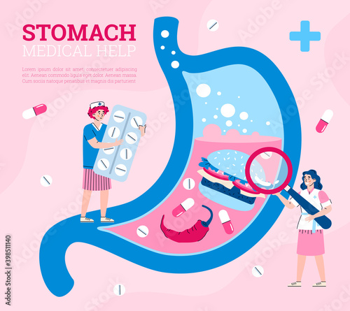 Medical diagnostics, help and treatment for stomach pain. Diseases digestive organs due to poor nutrition, fast food, overeating or poisoning. Vector illustration with text.