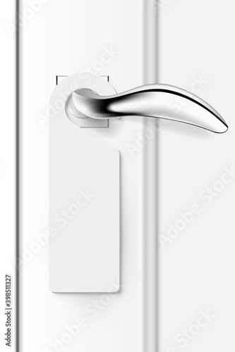 Door handle with white empty hanger. Realistic doorknob at home, hotel or office. Decorative security element vector illustration. Modern design of white door with paper tag hanging