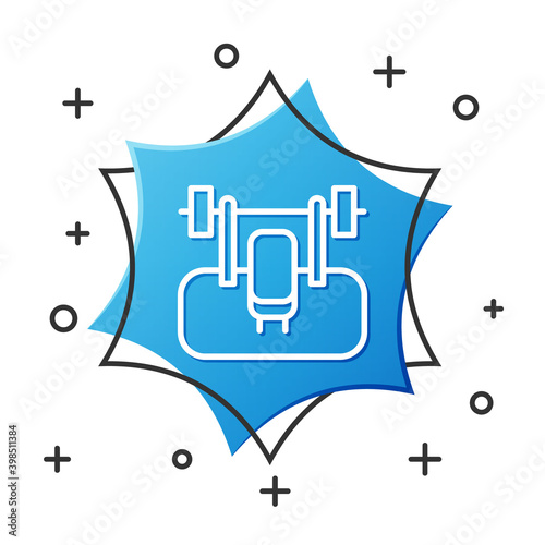 White line Bench with barbel icon isolated on white background. Gym equipment. Bodybuilding, powerlifting, fitness concept. Blue hexagon button. Vector.