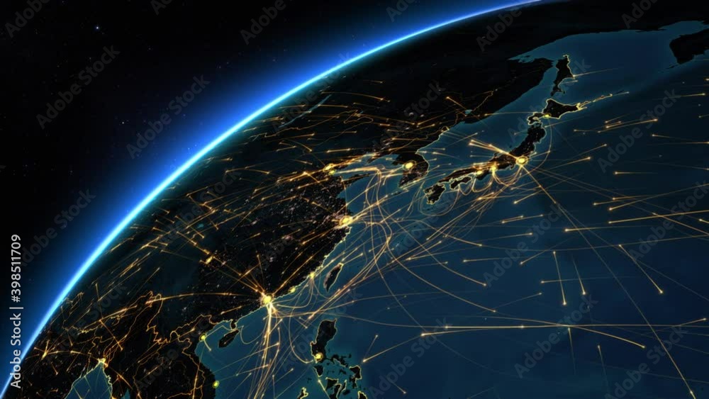Asian map with bright connections forming a network. Aerial, maritime ...