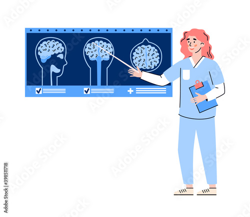 Doctor female cartoon character pointing on MRI or tomography scans of brain, flat vector illustration isolated on white background. MRI researchers of brain health.