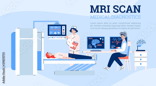 MRI scan medial diagnostic method banner with cartoon characters of doctors and patient, flat cartoon vector illustration. Body health and diseases diagnosis with MRI.
