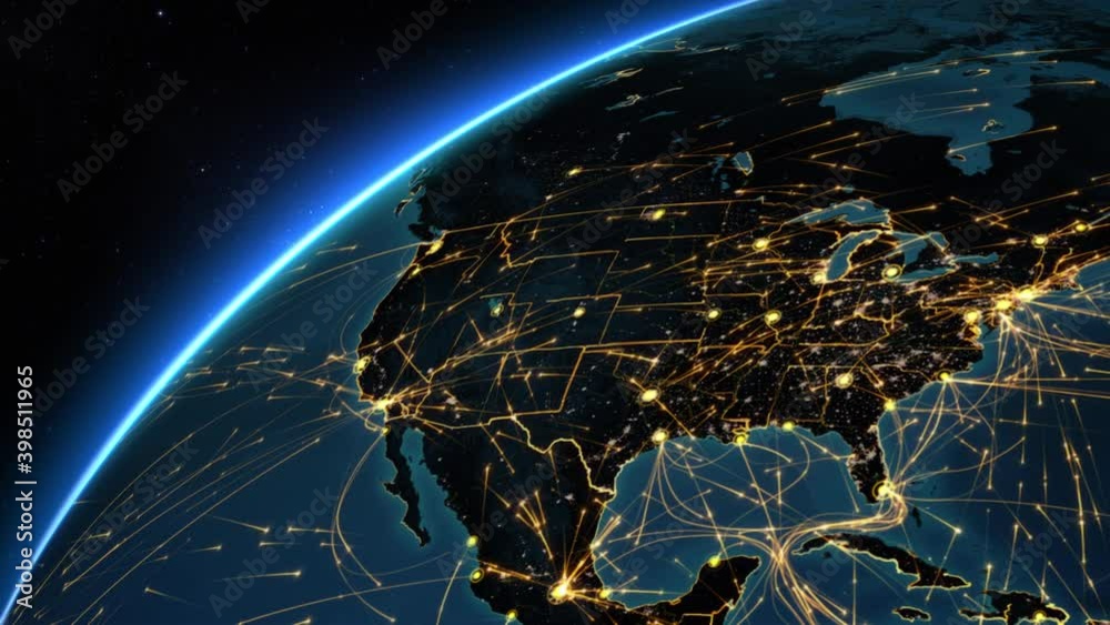 Bright connections forming a network from United States to Europe. This video can be used to represent concepts like technology, social networks, communication, air and sea transportation.
