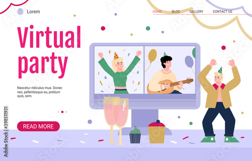 Vector landing page template with virtual party, video chat, online internet birthday celebration for friends or family living far away or stay home in quarantine.