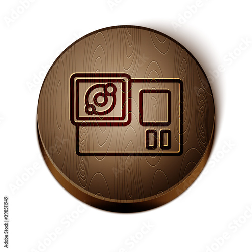 Brown line Action extreme camera icon isolated on white background. Video camera equipment for filming extreme sports. Wooden circle button. Vector.