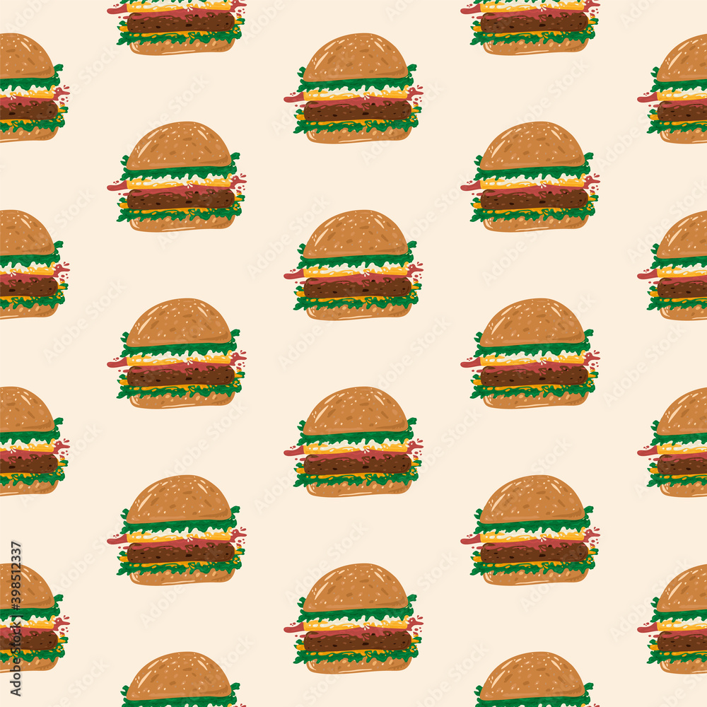 The hamburger pattern. Illustration of takeaway food. Bun, sauce, ketchup, mustard, beef, green salad, cheese, hamburger, sausage in a bun.cute background on your textiles. Takeaway, on the run, snack The hamburger pattern. Illustration of takeaway food. Bun, sauce, ketchup, mustard, beef, green salad, cheese, hamburger, sausage in a bun.cute background on your textiles. Takeaway, on the run, snack