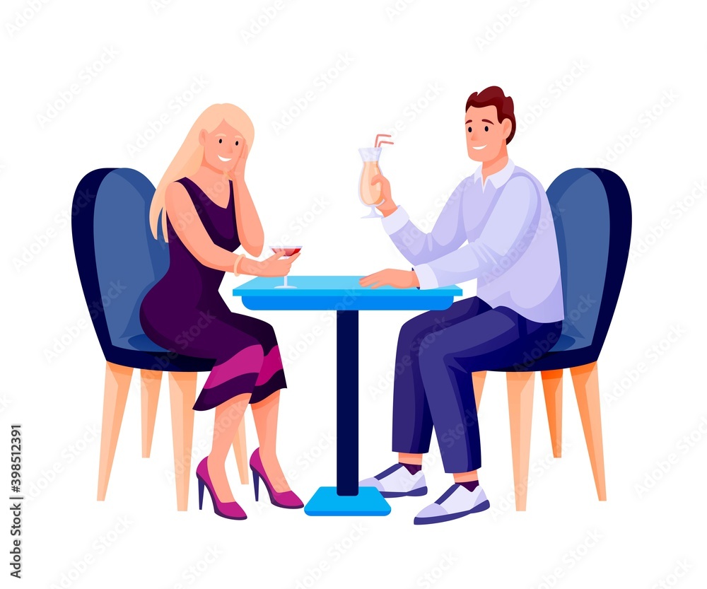 Young woman and man in cafe with cocktails. Two happy people sitting on chairs at table with glasses talking together vector illustration isolated on white Young woman and man in cafe with cocktails. Two happy people sitting on chairs at table with glasses talking together vector illustration isolated on white