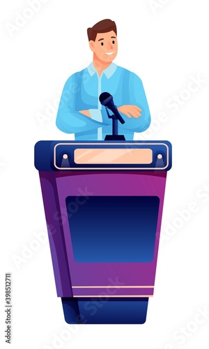 Young man playing quiz game. Happy boy answers question in competition, standing with microphone. Television trivia show vector illustration. Guy thinking on white background