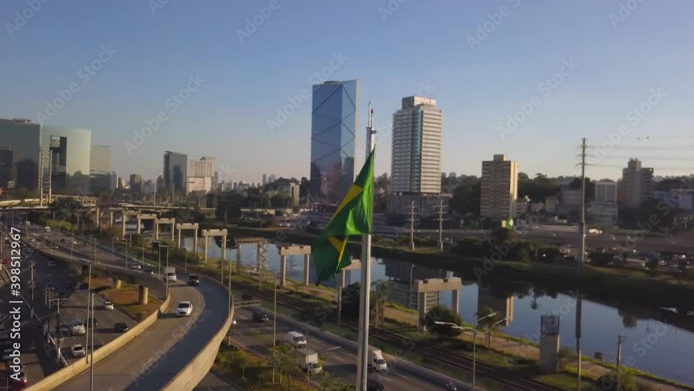 drone flight showing estaiada bridge in São Paulo during a sunset on a busy day drone flight showing estaiada bridge in São Paulo during a sunset on a busy day