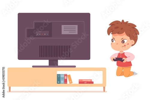 Kid playing video games on tv at home. Happy boy holding console and playing videogames with joystick in hands. Entertainment at home with technology vector illustration