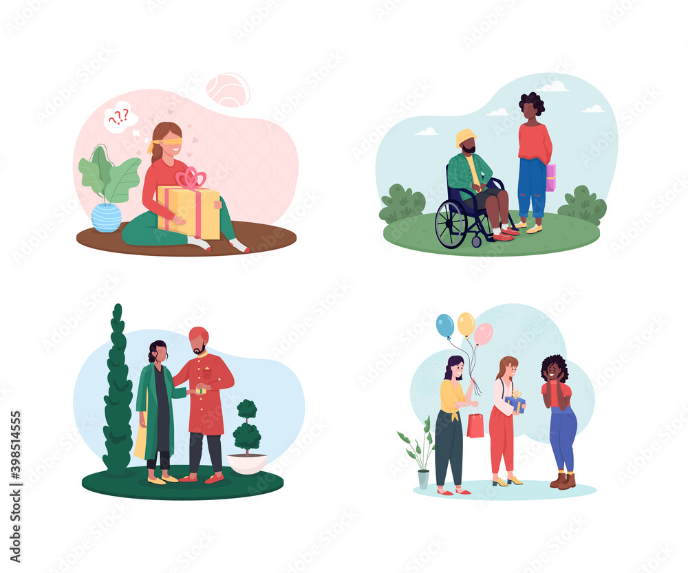 Giving surprise gifts 2D vector web banner, poster set. Friends, couple together. Woman and man flat characters on cartoon background. Birthday present printable patch, colorful web element collection