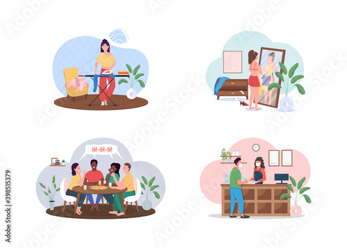 Lockdown routine flat color vector faceless character set. Spend evening with pizza and friends. Quarantine lifestyle isolated cartoon illustration for web graphic design and animation collection