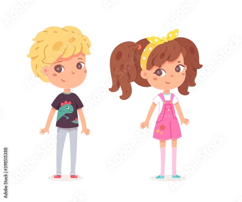 Happy boy and girl standing. Joyful smiling children with laughing face expression. Positive emotion and fun vector illustration. Cute cheerful little kids in good mood on white background
