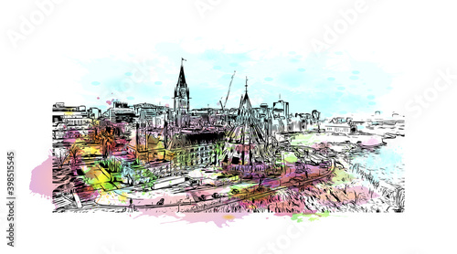 Building view with landmark of Ottawa is the 
capital of Canada. Watercolour splash with hand drawn sketch illustration in vector.