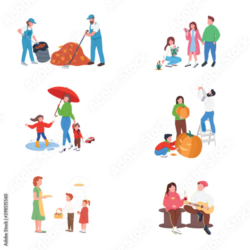 City autumn people flat color vector faceless character set. Couple with guitar  drink. Rest  recreation. Fall activities isolated cartoon illustration for web graphic design and animation collection