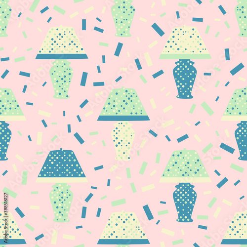 Seamless pattern with table lamp. Beautiful for textile or paper print. Vector illustration. Cute repeating background.