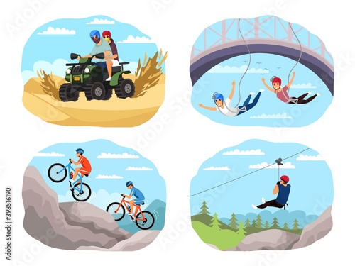 Extreme sport adventure set. People on bikes in mountains, bungee jumping, racing on motorbike, sliding on rope. Outdoor risky recreation and exercise vector illustration