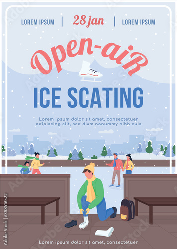 Open air ice skating poster flat vector template. Christmas holiday. Family spend time together. Brochure, booklet one page concept design with cartoon characters. Winter fun activity flyer, leaflet