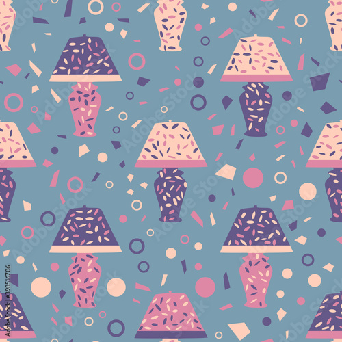 Seamless pattern with table lamp. Beautiful for textile or paper print. Vector illustration. Cute repeating background.