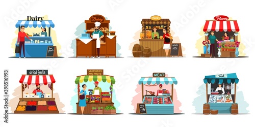 Street market stalls and kiosks with food illustration set. Outdoor local fair vector. Groceries, fish, honey, flowers, vegetables, fruits, meat, bakery, dairy stores. Wooden booth with merchants