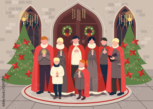 Christmas carol choir flat color vector illustration. Religious christian holiday celebration. Singers concerts. Winter performance. Carollers 2D cartoon characters with church on background