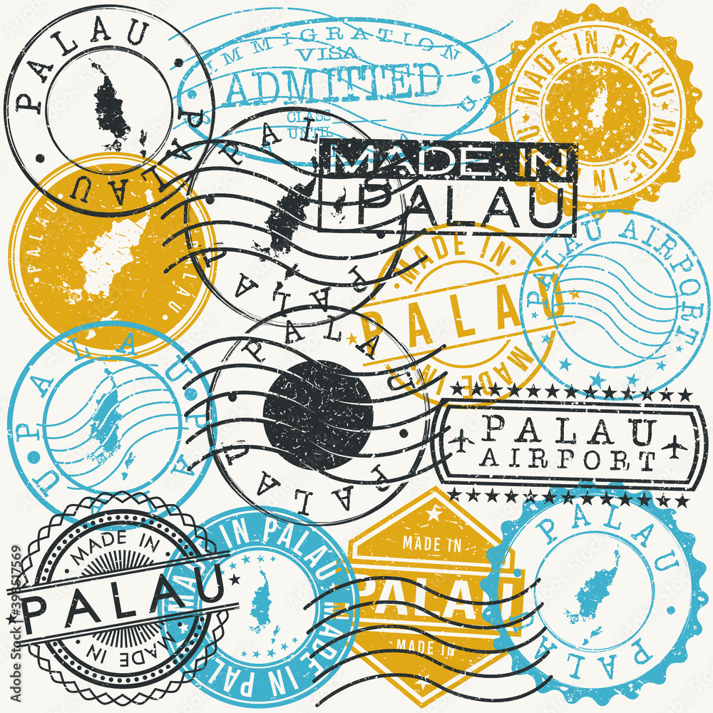 Palau Set of Stamps. Travel Passport Stamp. Made In Product. Design