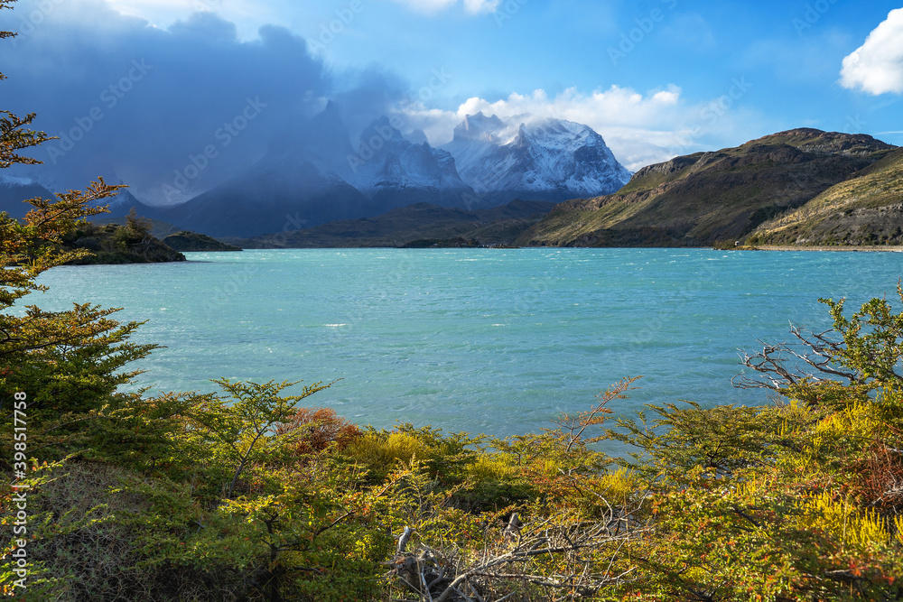 Landscape with lake Lago del Pehoe in the Torres del Paine national park, Patagonia, Chile