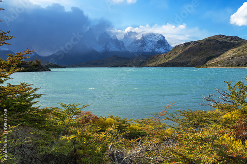 Landscape with lake Lago del Pehoe in the Torres del Paine national park  Patagonia  Chile