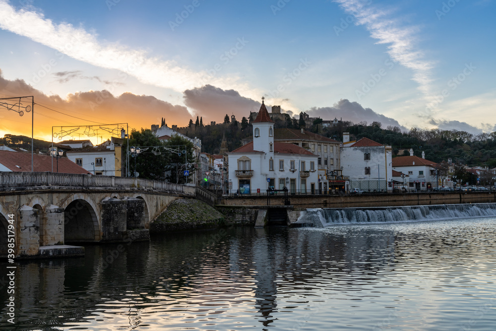 the beautiful old city center of Tomar in Portugal at sunset