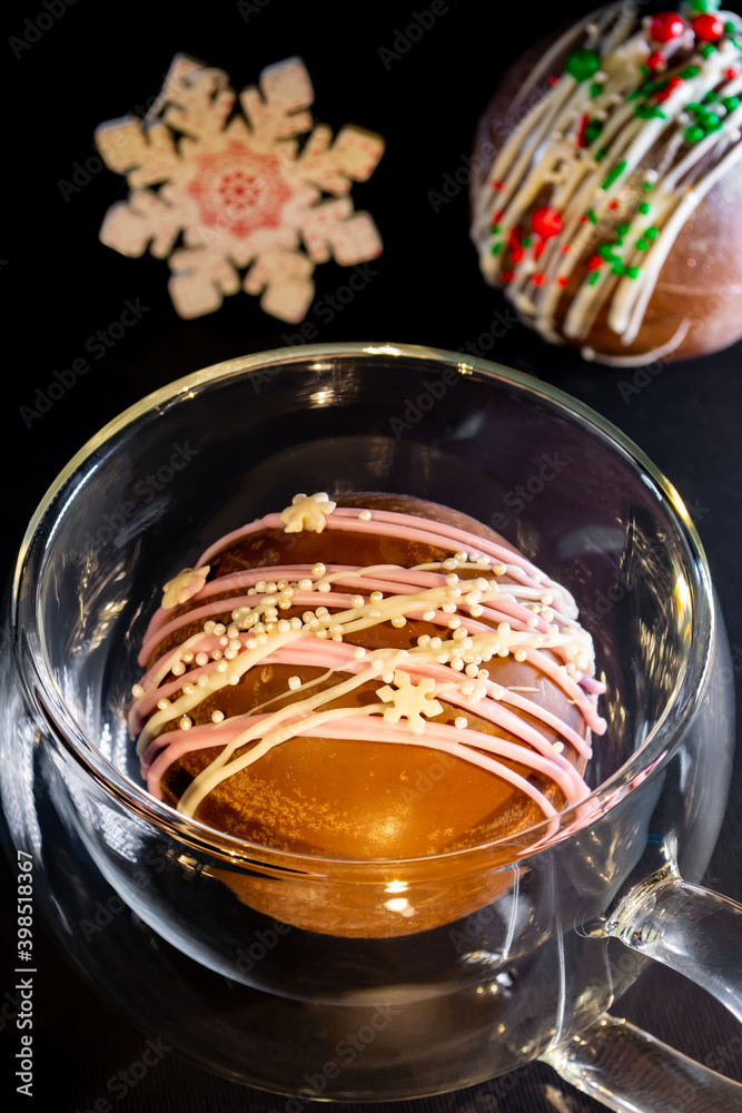 chocolate balls with cocoa and marshmallows in New Year's decoration chocolate balls with cocoa and marshmallows in New Year's decoration