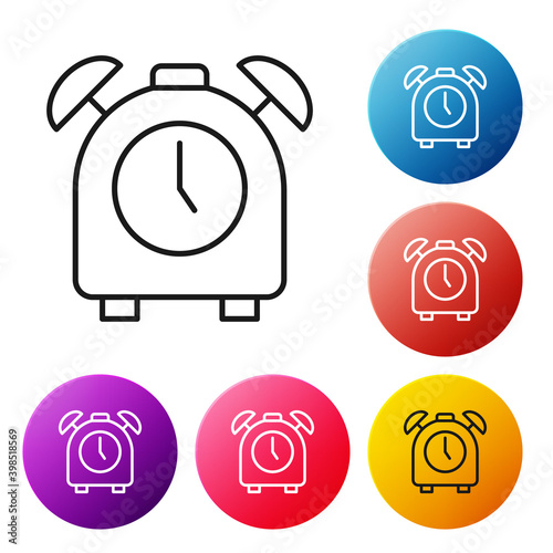 Black line Alarm clock icon isolated on white background. Wake up, get up concept. Time sign. Set icons colorful circle buttons. Vector.