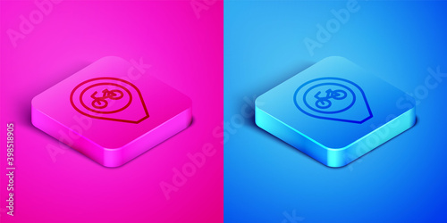 Isometric line Map pointer with bicycle icon isolated on pink and blue background. Square button. Vector.