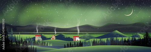 Winter night with northern lights landscape in starry night with crescent moon, shining stars and comet falling over behind mountain and pine tree,Vector Night sky and spectacular aurora borealis