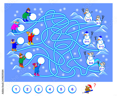 Math education for children. Logic puzzle game with labyrinth for kids. Solve examples, find the way and write the numbers on the snowballs. Play online. Winter maze. Printable worksheet. IQ test.