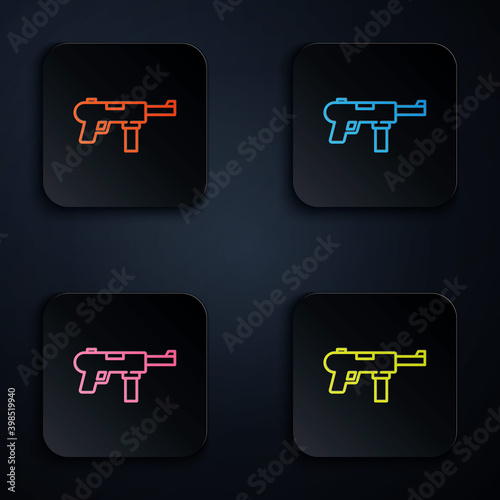 Color neon line Submachine gun M3, Grease gun icon isolated on black background. Set icons in square buttons. Vector.