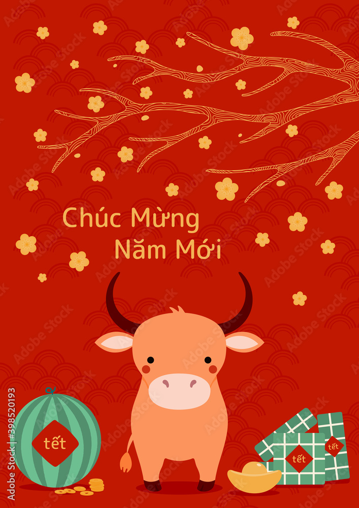 2021 Vietnamese New Year Tet illustration, cute buffalo, rice cakes, watermelon, gold, apricot flowers, Vietnamese text Happy New Year. Hand drawn vector. Flat design. Concept card, poster, banner. 2021 Vietnamese New Year Tet illustration, cute buffalo, rice cakes, watermelon, gold, apricot flowers, Vietnamese text Happy New Year. Hand drawn vector. Flat design. Concept card, poster, banner.