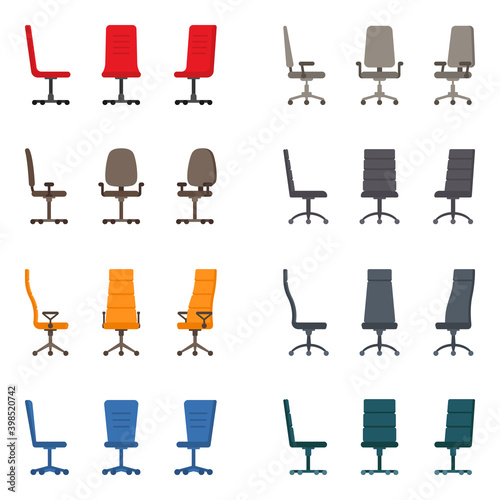 Isolated color modern spinning rolling office chair vector illustration icon set. Front, side view business seat kit on white