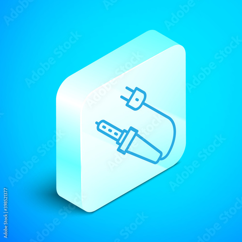 Isometric line Soldering iron icon isolated on blue background. Silver square button. Vector.