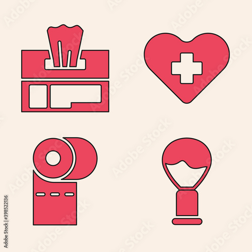 Set Shaving brush, Wet wipe pack, Heart with a cross and Toilet paper roll icon. Vector.