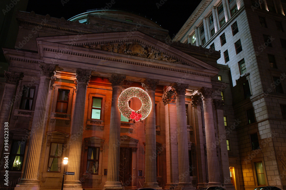 Bank of Montreal historic building at night in Montreal with museum