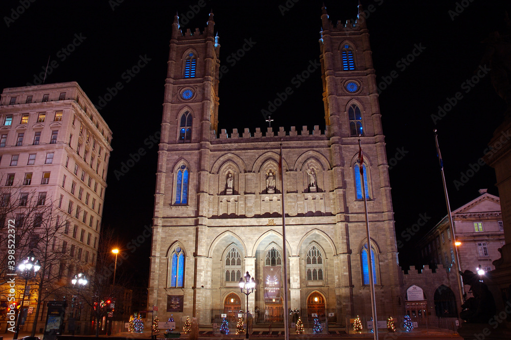 Notre Dame Basilica at night in Old Montreal